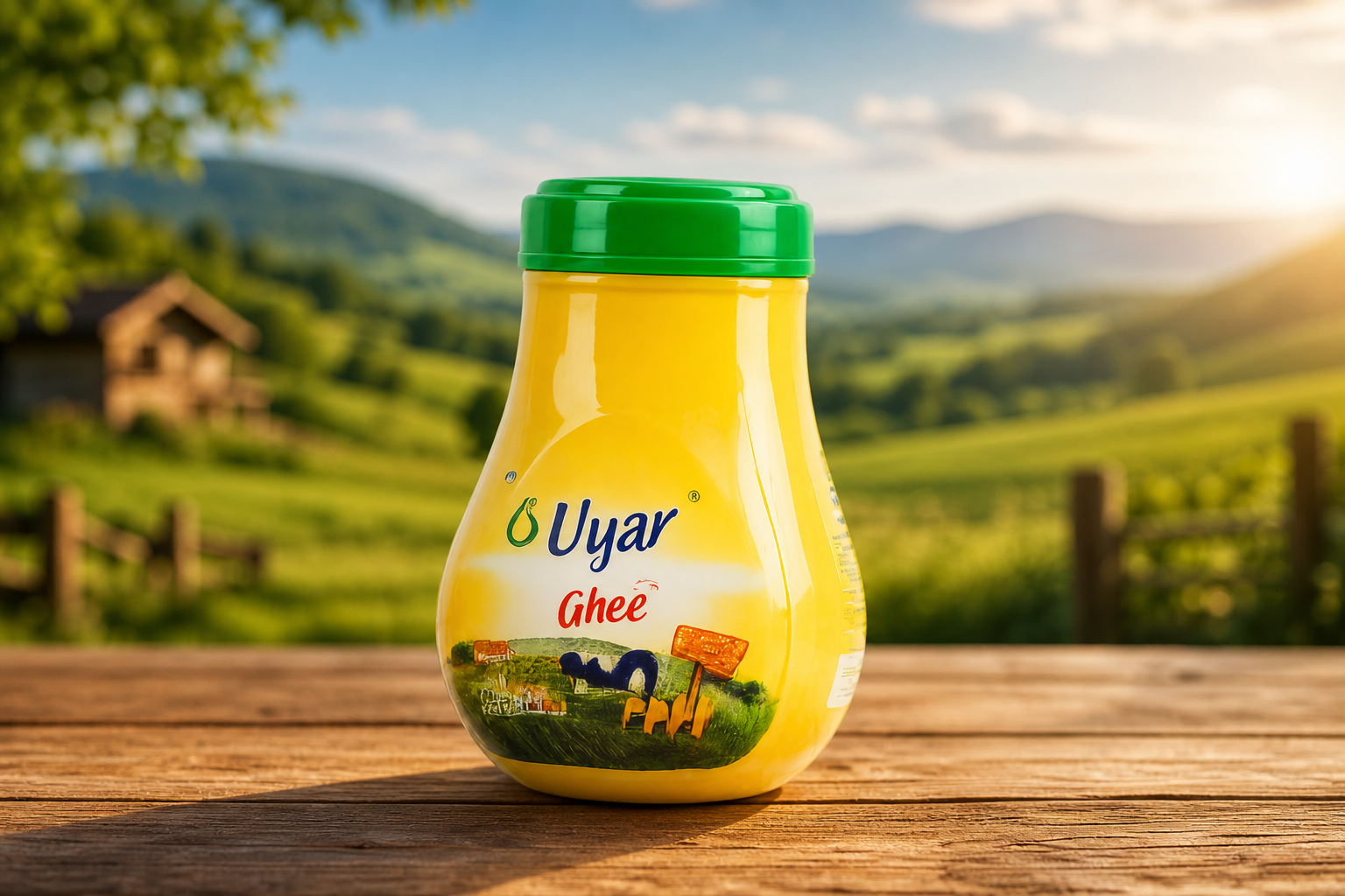 Uyar ghee bottle in a natural landscape